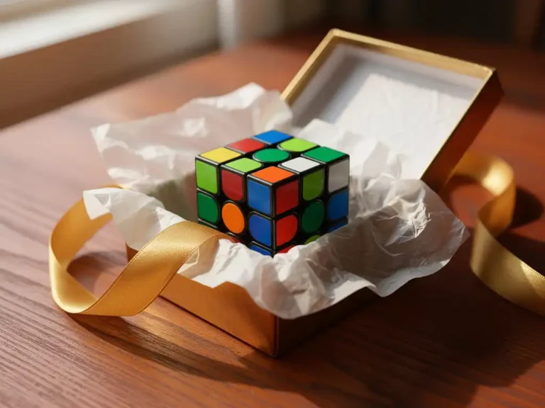 Kleurrijke speedcube in open geschenkdoos met gouden lint op houten tafel bij natuurlijk licht