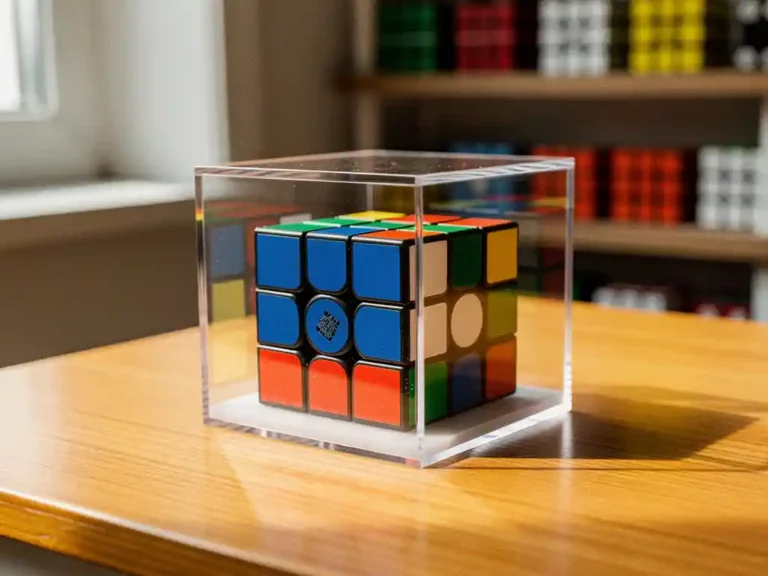 Speedcube in transparante vitrine op houten bureau met natuurlijk licht en wazige puzzelcollectie op achtergrond