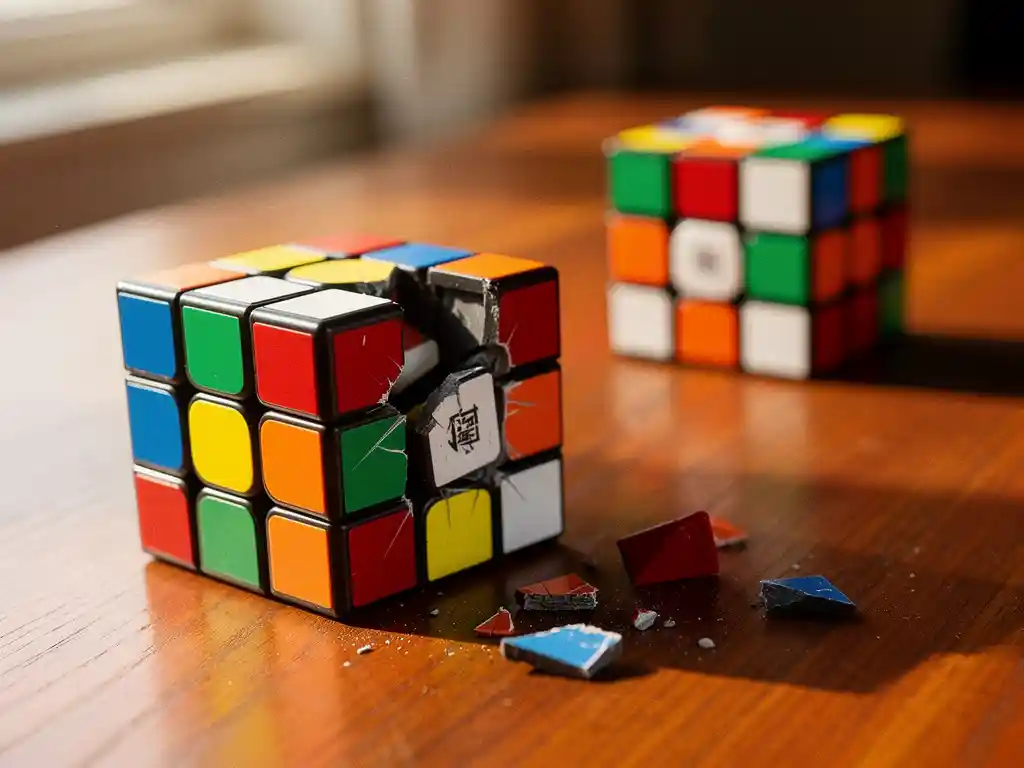Gebarsten speedcube met losse hoekstukken en plastic fragmenten op houten bureau, intacte kubus op achtergrond