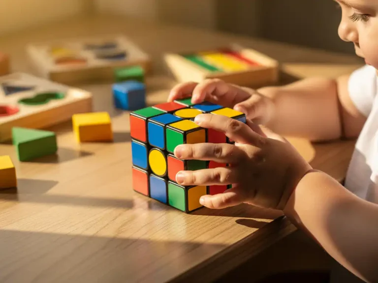 Kinderhanden draaien kleurrijke Rubik's kubus op houten speeltafel met puzzelspeelgoed op achtergrond