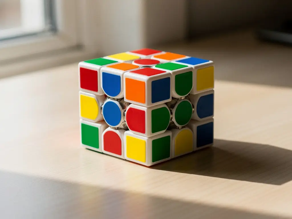 Professionele speedcube met rode, oranje, blauwe, groene, gele en witte stickers op houten bureau in natuurlijk licht