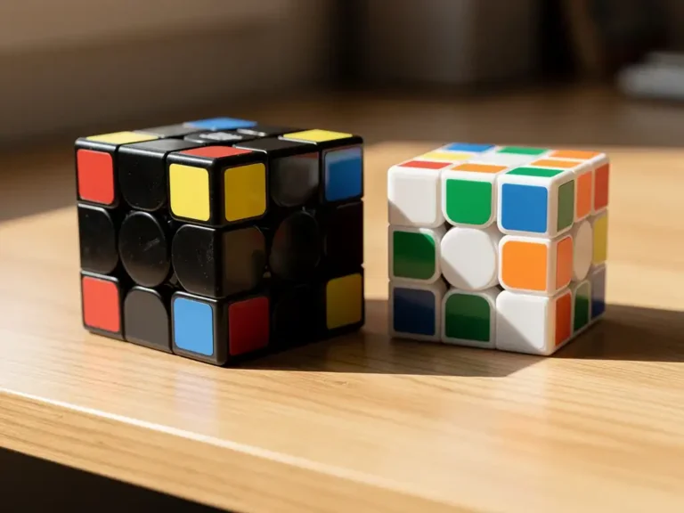 Zwarte magnetische speedcube en witte Rubik's kubus op houten bureau, beide gedeeltelijk opgelost met kleurrijke stickers