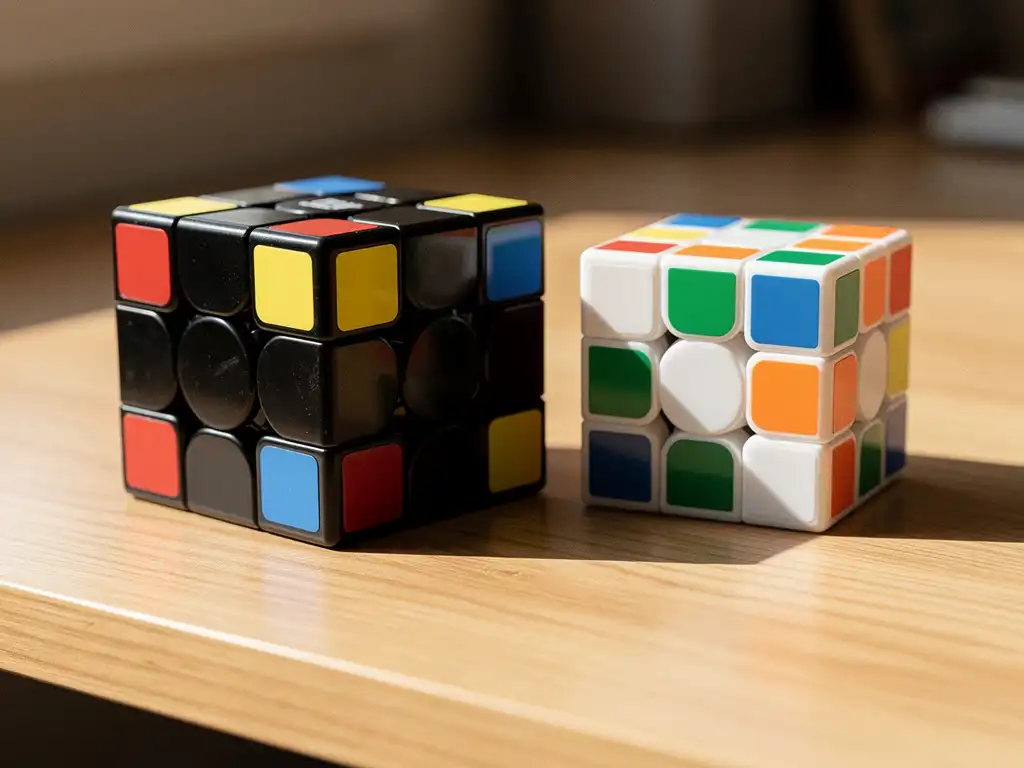 Zwarte magnetische speedcube en witte Rubik's kubus op houten bureau, beide gedeeltelijk opgelost met kleurrijke stickers