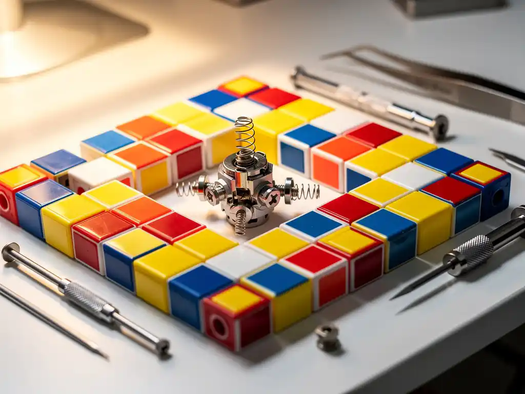 Gedemonteerde speedcube met kleurrijke stickers en interne mechanisme onderdelen op witte werkbank, precisie schroevendraaiers ernaast