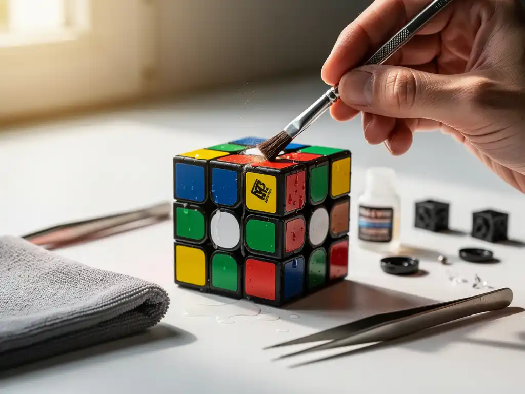 Speedcube wordt schoongemaakt met precisiekwast, met druppels smeermiddel op kleurrijke vlakken, omringd door onderhoudshulpmiddelen