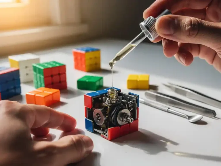 Glazen druppelflesje brengt olie aan op interne mechanisme van gedemonteerde speedcube, kleurrijke puzzelstukjes verspreid op werkblad