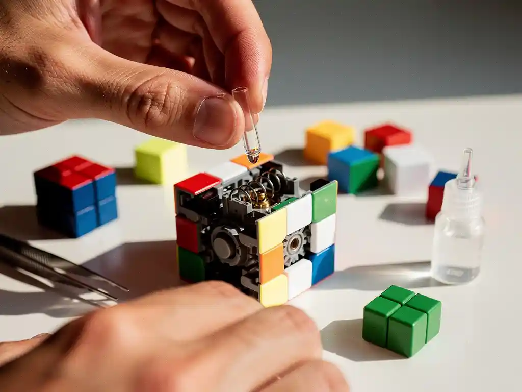 Handen brengen smeermiddel aan op het interne mechanisme van een gedemonteerde speedcube, met kleurrijke kubusonderdelen en precisietools op witte werkruimte
