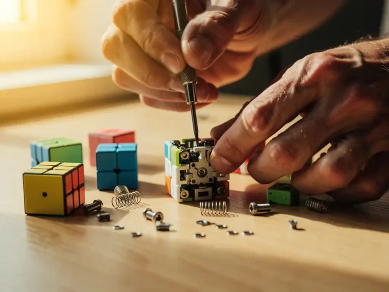 Handen die precisie schroeven van een gedemonteerde 3x3 speedcube afstellen, kleurrijke kubusonderdelen en metalen veren op houten werkbank