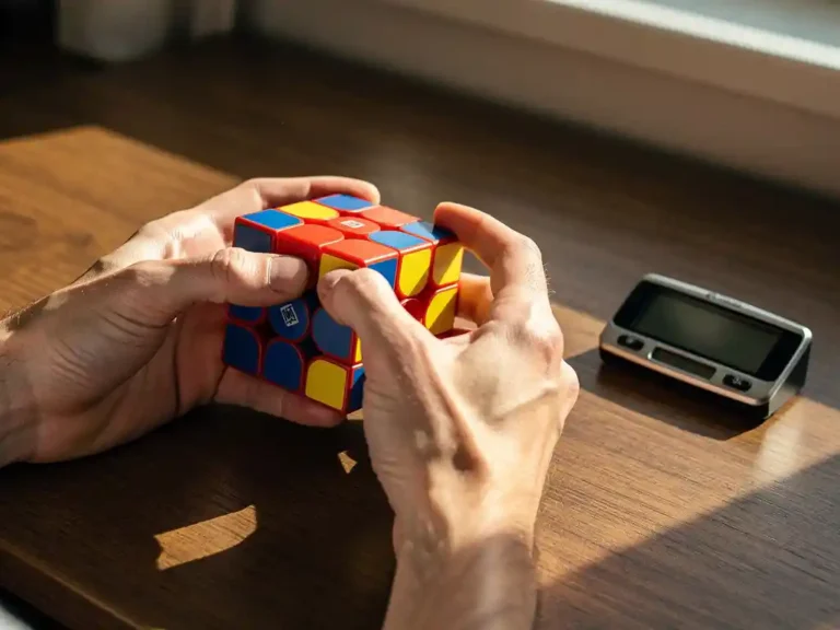 Handen die een kleurrijke 3x3 speedcube vasthouden tijdens het oplossen, met digitale timer op houten bureau in warm zonlicht