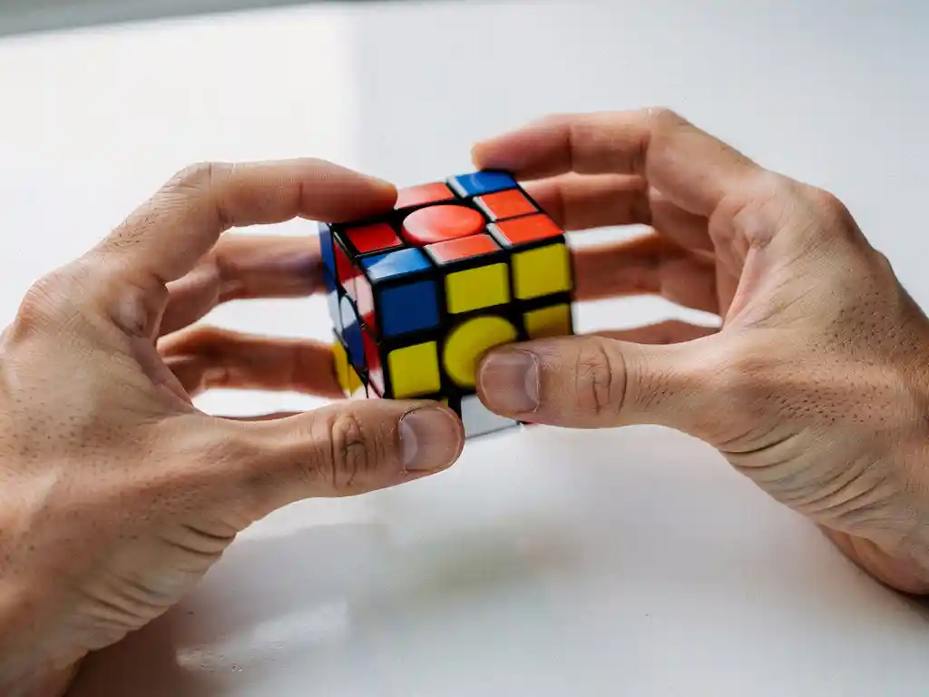 Snelle vingers voeren geavanceerde greep uit op kleurrijke 3x3 speedcube met bewegingsonscherpte tijdens rotatie