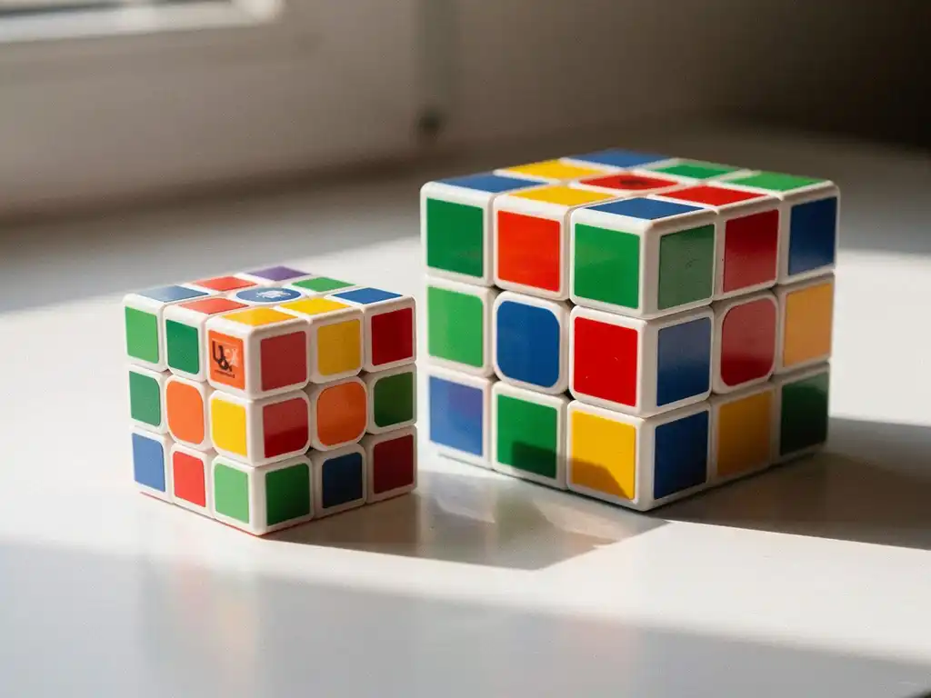 2x2 en 3x3 speedcubes naast elkaar op witte ondergrond, grootteverschil duidelijk zichtbaar in natuurlijk licht