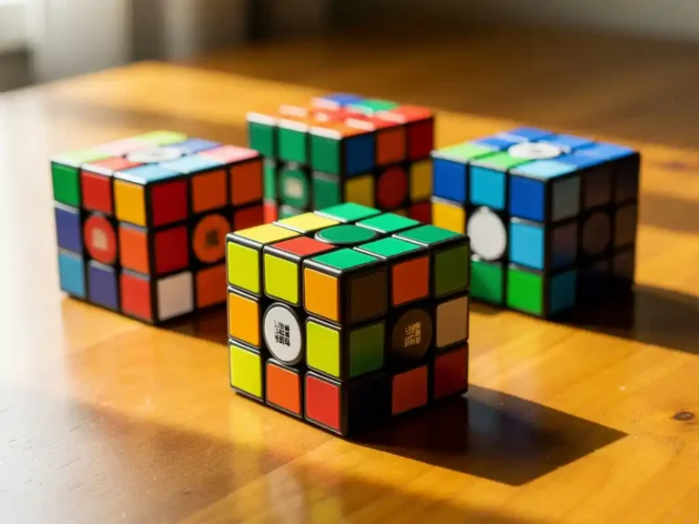 Vijf kleurrijke speedcubes gerangschikt op warme houten ondergrond met natuurlijk licht en zachte schaduwen