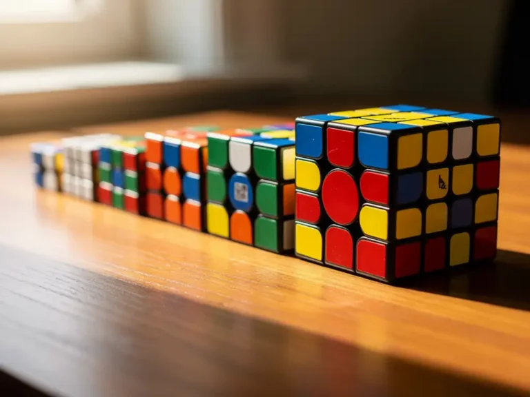 Kleurrijke speedcubes van 2x2 tot 7x7 gerangschikt op houten bureau, deels opgelost en geschud, warme natuurlijke belichting