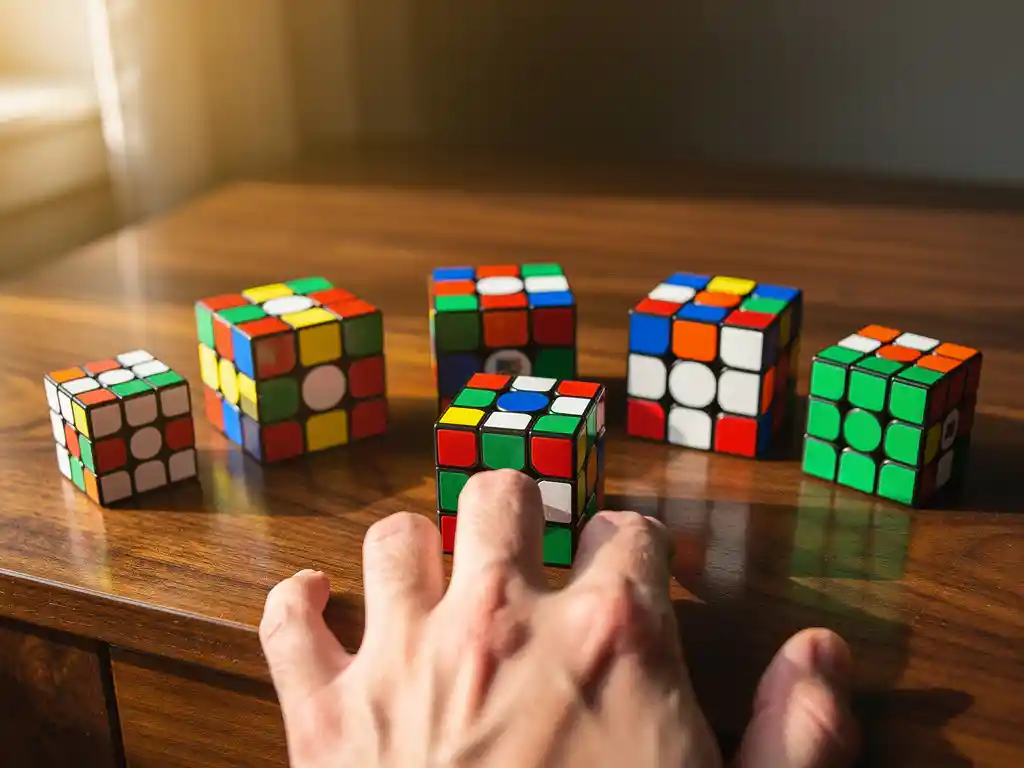 Zeven speedcubes in perfecte boog op gepolijst houten bureau, van compacte 2x2 tot grote 7x7 varianten, warme middagzon creëert zachte schaduwen