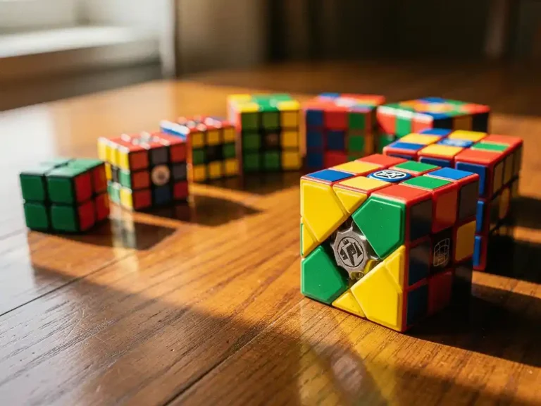 Kleurrijke speedcubes van verschillende maten gerangschikt op houten oppervlak, één gedeeltelijk opgelost met zichtbaar mechanisme