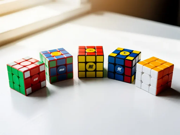 Zeven verschillende speedcubes gerangschikt in halve cirkel op wit houten bureau met natuurlijk daglicht en zachte schaduwen