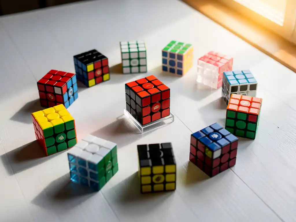 Tien kleurrijke speedcubes gerangschikt in een spiraalpatroon op wit houten oppervlak met natuurlijk licht