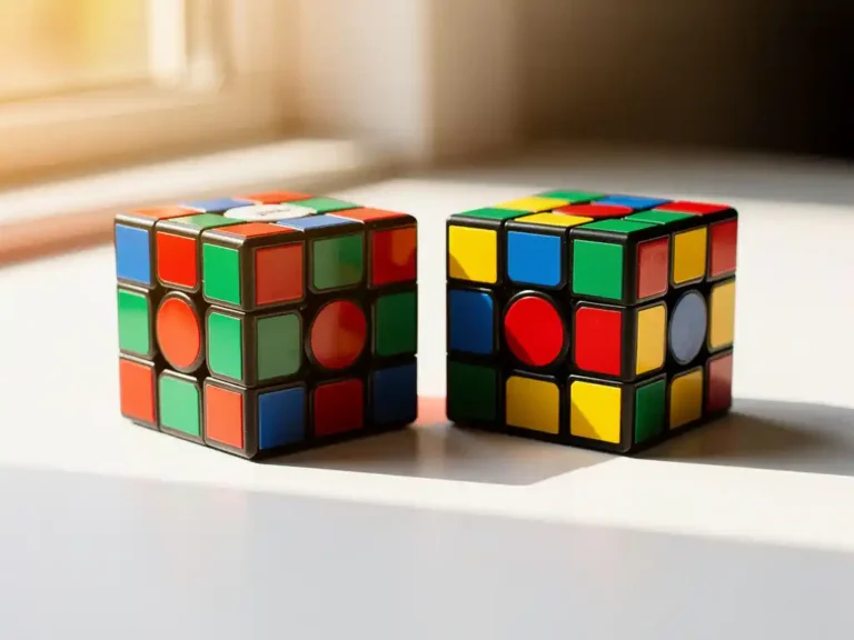 GAN en MoYu speedcubes naast elkaar op witte ondergrond met natuurlijk licht en zachte schaduwen