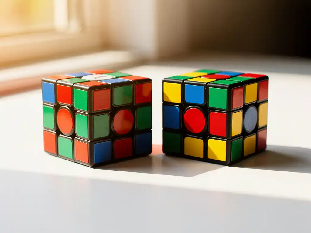 GAN en MoYu speedcubes naast elkaar op witte ondergrond met natuurlijk licht en zachte schaduwen