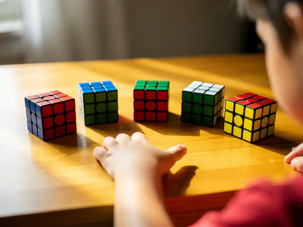 Vijf kleurrijke speedcubes in boog op houten speeltafel met kinderhanden die naar middelste kubus reiken