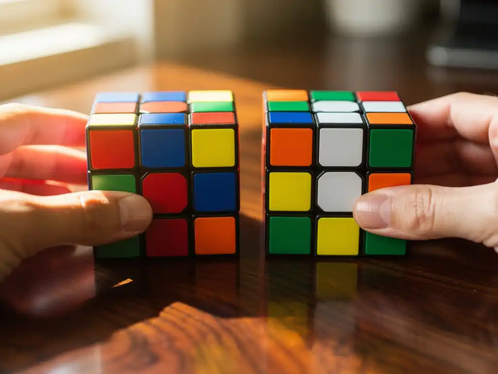Twee speedcubes op houten bureau, één standaard en één magnetische kubus, met vingertoppen die ze aanraken in warm zonlicht