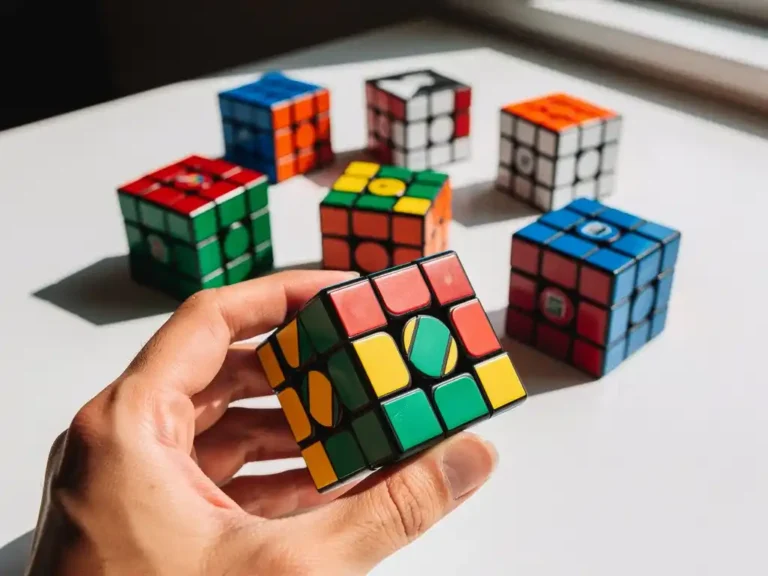 Premium speedcubes van verschillende merken op witte ondergrond, één cube wordt opgelost met natuurlijke handpositie