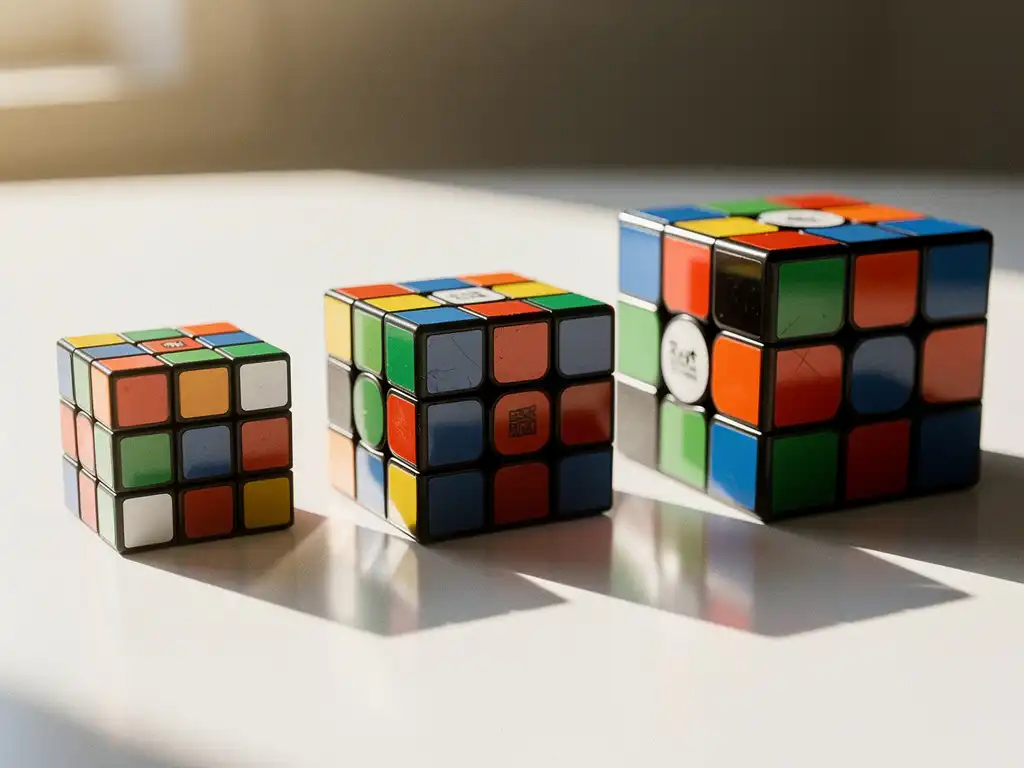 Drie speedcubes in oplopende grootte gerangschikt op witte ondergrond, van 2x2 naar 4x4 puzzelkubus met gekleurde stickers