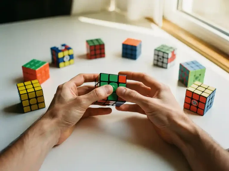 Handen van speedcuber lossen magnetische 3x3 kubus op, omringd door tien kleurrijke speedcubes in cirkel op wit bureau