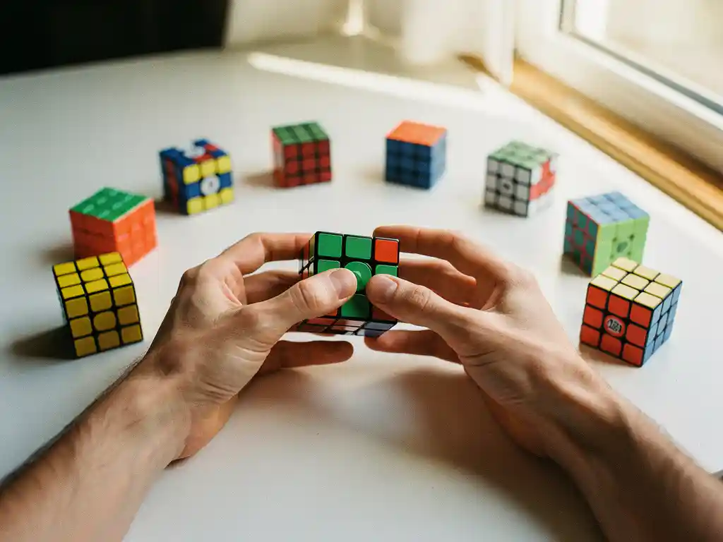 Handen van speedcuber lossen magnetische 3x3 kubus op, omringd door tien kleurrijke speedcubes in cirkel op wit bureau