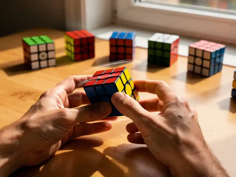Handen van speedcuber lossen levendige Rubik's kubus op met bewegingssporen, omringd door opgeloste kubussen op houten bureau