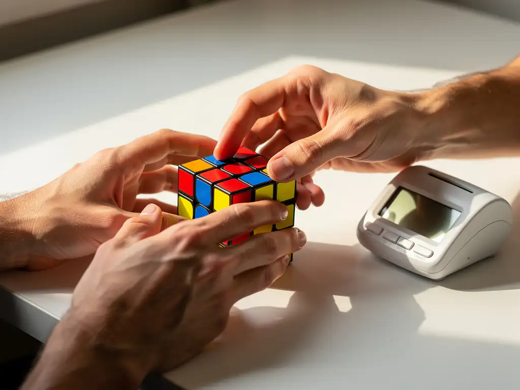 Speedcuber's handen lossen kleurrijke 3x3 Rubik's kubus op met digitale timer op wit bureau bij natuurlijk licht