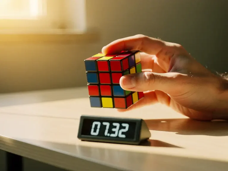 Speedcuber lost kleurrijke Rubik's kubus op met digitale timer op houten bureau in warm zonlicht