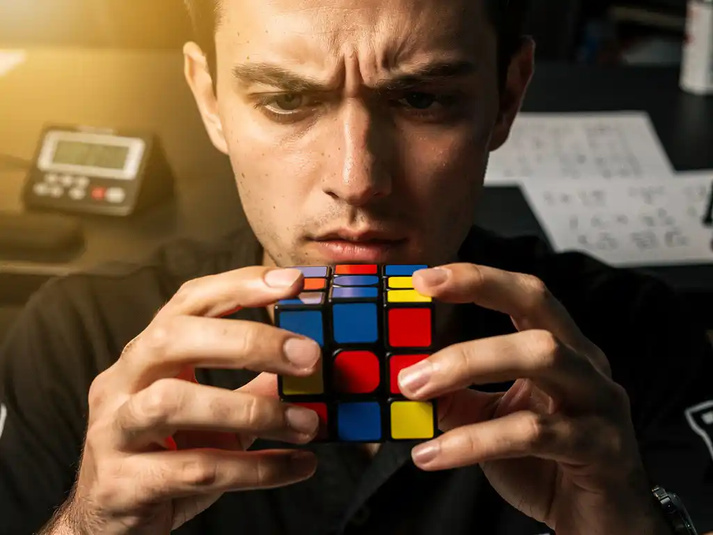 Speedcuber houdt kleurrijke Rubik's kubus vast tijdens het oplossen, geconcentreerd gezicht in warm gouden licht