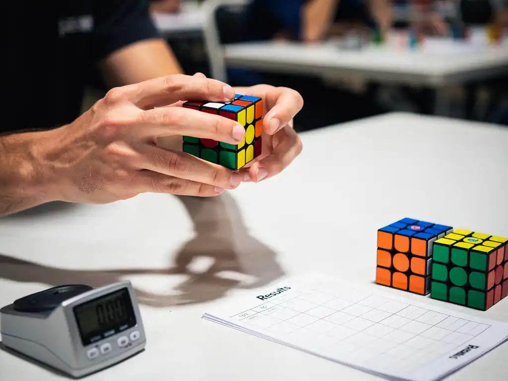 Speedcuber lost een kleurrijke 3x3 Rubik's kubus op tijdens een toernooi met timer en reservekubussen op tafel