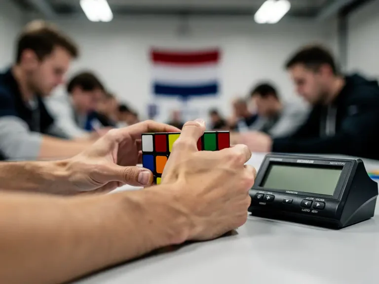 Speedcuber lost Rubik's kubus op tijdens officiële competitie met timer en Nederlandse vlag op achtergrond