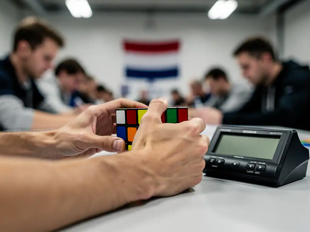 Speedcuber lost Rubik's kubus op tijdens officiële competitie met timer en Nederlandse vlag op achtergrond