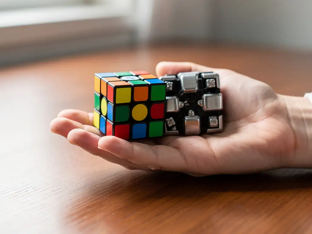 Beginnershanden houden twee 3x3 speedcubes vast op houten bureau, één gedeeltelijk uit elkaar met zichtbare magneten.