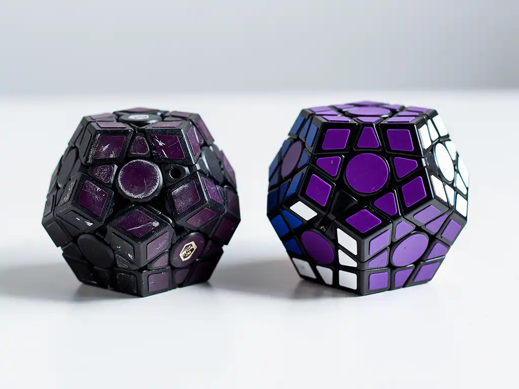 Goedkope en premium megaminx naast elkaar op wit bureau, één versleten met doffe afwerking, de ander glanzend met scherpe randen en magneetweerstand.