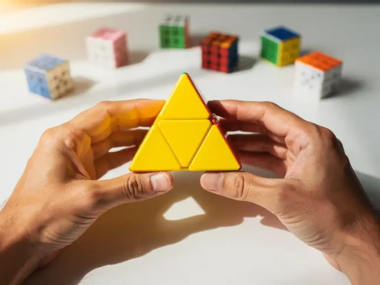 Gele pyraminx puzzel in handen boven wit bureau, omringd door kleurrijke speedcubes op de achtergrond.
