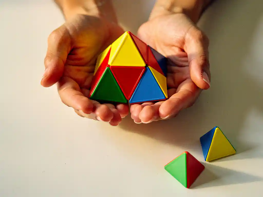 Kleurrijke pyraminx puzzel in open handen boven wit bureau, met gele, rode, groene en blauwe driehoekige vlakken in scherpe focus.