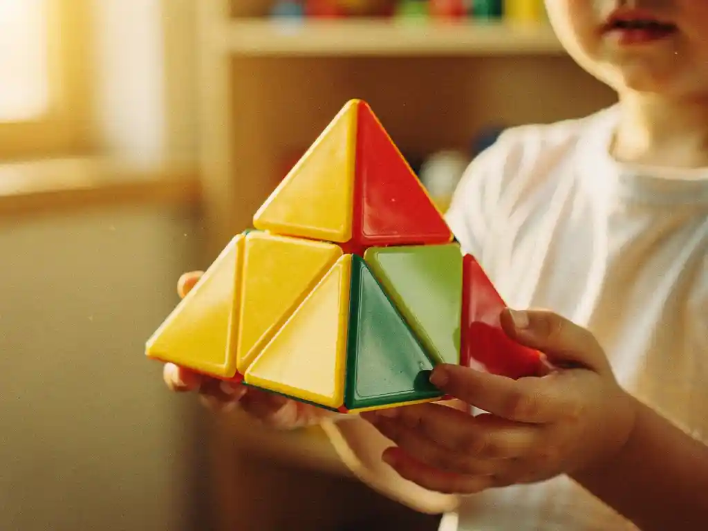 Kind houdt kleurrijke pyraminx puzzel vast met gele, rode en groene vlakken in warm natuurlijk licht.