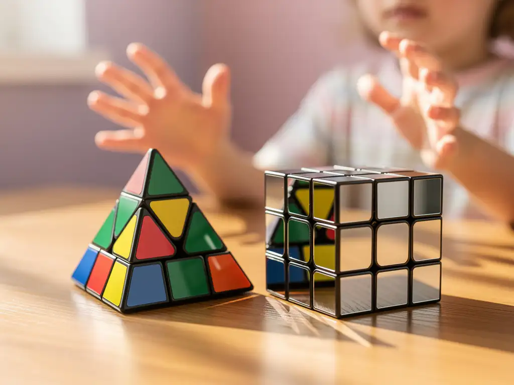 Kleurrijke pyraminx en zilveren spiegelkubus op houten tafel, met kleine kinderhanden die nieuwsgierig dichtbij zweven.