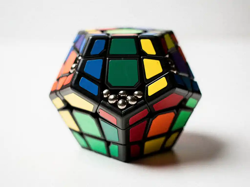 Magnetische megaminx puzzel met twaalf vijfhoekige vlakken in levendige kleuren op wit mat oppervlak, macro-opname.