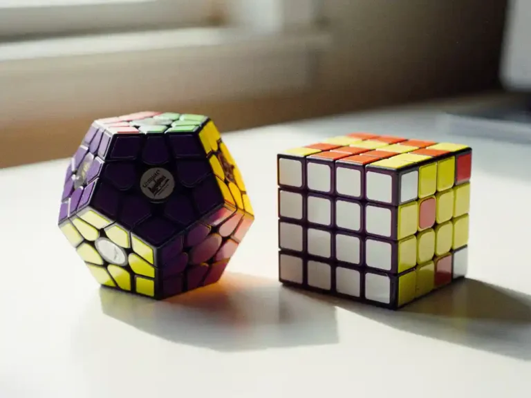 Megaminx dodecaëder en 5x5 kubus naast elkaar op wit bureau, met paarse, gele en witte stickers in scherpe focus.