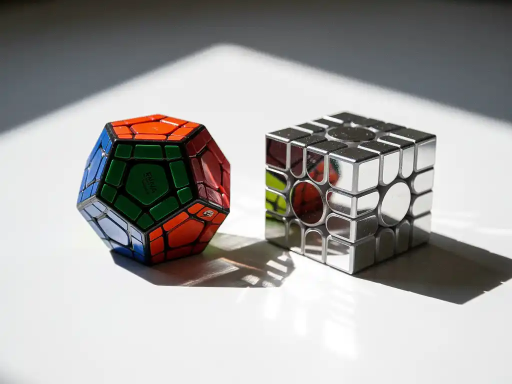 Megaminx dodecaëder puzzel en spiegel kubus met zilveren tegels naast elkaar op wit oppervlak, scherpe geometrische schaduwen.
