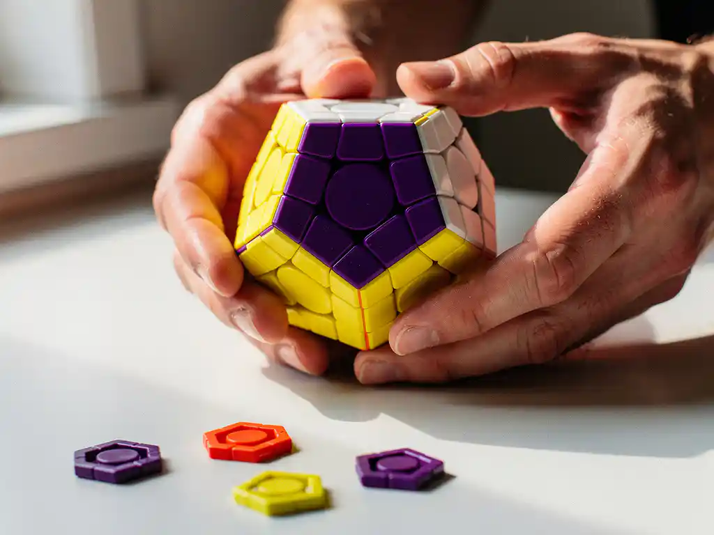 Handen houden een opgeloste kleurrijke megaminx dodecaëder puzzel met paarse, gele en witte vlakken boven een wit bureau.
