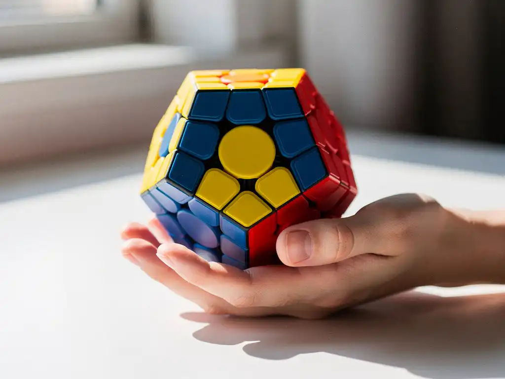 Beginner houdt een kleurrijke megaminx dodecaëder puzzel vast op wit bureau, gedeeltelijk opgelost met gele, blauwe en rode vlakken.