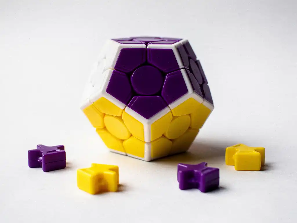 Megaminx dodecaëder puzzel met twaalf veelkleurige pentagonale vlakken op wit oppervlak, met losse stukjes rondom.
