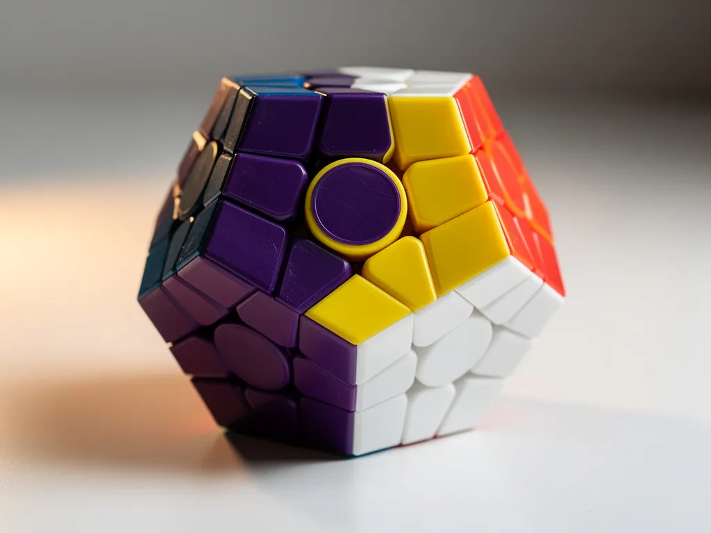 Megaminx dodecaëder puzzel met veelkleurige vijfhoekige vlakken in paars, geel en wit op wit oppervlak.