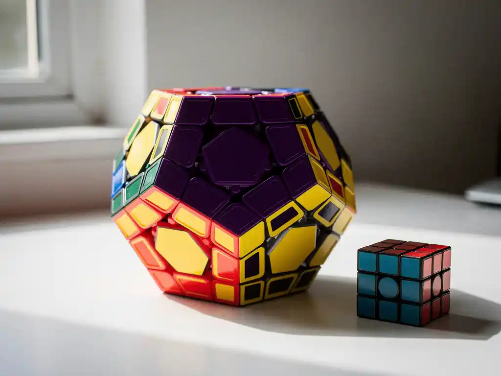 Gescramblede megaminx dodecaëder naast een standaard 3x3 Rubik's cube op wit bureau, met paarse, gele en witte vlakken in zacht natuurlijk licht.